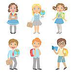 Students With School Bags Set Of Simple Design Illustrations In Cute Fun Cartoon Style Isolated On White Background