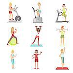 Women Training In Gym Set Of Simple Cartoon Flat Vector Colorful Characters On White Background