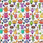 Seamless Background for Your Holiday Party Design with Different Cartoon Monsters, Colorful Tile Pattern with Cute Funny Characters, Feasting with Balloons, Sparklers and Cocktails. Vector
