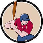 Illustration of an american baseball player batter hitter with bat batting viewed from high angle set inside circle done in cartoon style isolated on background.