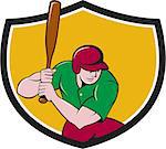 Illustration of an american baseball player batter hitter with bat batting viewed from high angle set inside shield crest done in cartoon style isolated on background.