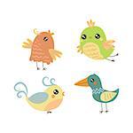 Four Cute Small Birds Set Of Isolated Childish Style Simple Shape Design Vector Icons On White Background