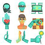 Artificial Intelligence Set Of Flat Colorful Simplified Graphic Style Icons Isolated On White Background