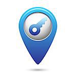 Key icon on blue map pointer. Vector illustration