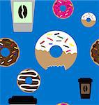 Seamless vector pattern made of doughnuts and disposable coffee cups images