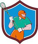 Illustration of a lacrosse player holding a crosse or lacrosse stick running looking to the side viewed from front set inside shield crest on isolated background done in cartoon style.