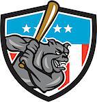 Illustration of a bulldog baseball player batter hitter batting viewed from side set inside shield crest with usa stars and stripes flag in the background done in retro style.