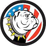 Illustration of a bulldog head looking to the side set inside circle with usa american stars and stripes flag in the background done in cartoon style.