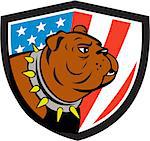 Illustration of a bulldog head looking to the side set inside shield crest with usa american stars and stripes flag in the background done in cartoon style.