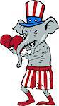Illustration of an American Republican GOP elephant boxer mascot boxing in fighting stance pose with boxing gloves wearing USA stars and stripes flag hat and shorts set on isolated white background done in cartoon style.