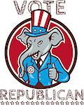 Illustration of a republican elephant mascot of the republican party wearing hat and suit thumbs set inside circle done in cartoon style with words Vote Republican