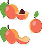 Peach. Set peaches, pieces and slices, collection of vector illustrations on a transparent background