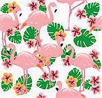 vector illustration of flamingos seamless background with palm leaves