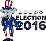 Illustration of a republican elephant mascot of the republican party standing wearing hat and suit thumbs set on isolated white background done in cartoon style with words Election 2016.