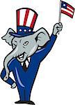 Illustration of a republican elephant mascot of the republican grand old party gop smiling looking to the side with one hand on hip and the other waving american usa flag wearing american stars and stripes hat and suit done in cartoon style set on isolated white background.