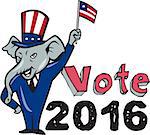 Illustration of a republican elephant mascot of the republican grand old party gop smiling looking to the side with one hand on hip and the other waving american usa flag wearing american stars and stripes hat and suit done in cartoon style set on isolated white background with words Vote 2016.