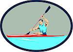 Illustration of man riding kayak racing canoe sprint paddling set inside oval shape done in retro style.