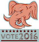 Etching engraving handmade style illustration of an American Republican GOP elephant mascot head viewed from front with words Vote 2016.