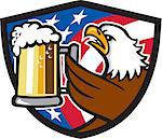 Illustration of an american bald eagle hoisting mug glass of beer stein viewed from the side with usa american stars and stripes flag in the background set inside shield crest done in retro style.