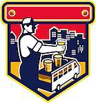 Illustration of bartender holding beer with beer flight on top of van and cityscape buildings in the background viewed from the side set inside shield crest done in retro style.