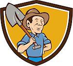 Illustration of an organic farmer holding shovel on shoulder looking to the side viewed from front set inside shield crest done in cartoon style.