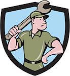 Illustration of a mechanic wielding holding spanner wrench looking to the side with one hand on hips viewed from front set inside shield crest on isolated background done in cartoon style.