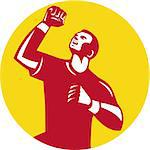 Illustration of a male athlete doing a fist pump looking up viewed from low angle set inside circle done in retro style.