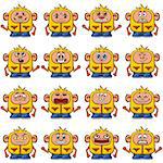 Set of Funny Colorful Cartoon Characters, Cute Monsters in Overalls with Different Faces and Emotions, Elements for your Design, Prints and Banners, Isolated on White Background. Vector