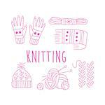 Knitting Related Object Collection With Text Hand Drawn Simple Vector Illustration Is Sketch Style