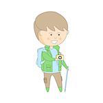 Tourist In Travel Outfit With Backpack And Camera Light Color Flat Cute Illustration In Simplified Outlined Vector Design