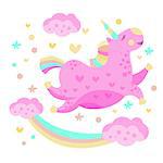 Rainbow And Chubby Pink Unicorn Funny Girly Drawing In Flat Cartoon Design On White Background