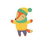 Fox Boy In Yellow Warm Coat Adorable Cartoon Character. Stylized Simple Flat Vector Colorful Drawing On White Background.