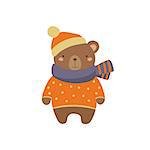 Brown Bear In Polka-dotted Sweater Adorable Cartoon Character. Stylized Simple Flat Vector Colorful Drawing On White Background.