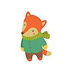 Fox In Green Warm Coat Adorable Cartoon Character. Stylized Simple Flat Vector Colorful Drawing On White Background.