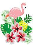 vector illustration of a flamingo with tropical flowers and pineapple