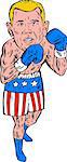 Etching engraving handmade style illustration of a boxer fighter pose posing wearing shorts with usa american stars and stripes viewed from front set on isolated white background done.
