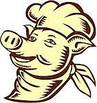 Illustration of a pig chef cook head wearing hat looking up to the side set on isolated white background done in retro woodcut style.