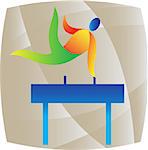 Illustration of an athlete on pommel horse playing the sport of gymnastics set inside square done in retro style.