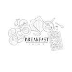 Breakfast With Waffle And Avocado Hand Drawn Realistic Detailed Sketch In Classy Simple Pencil Style On White Background