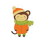Monkey In Orange Warm Coat Adorable Cartoon Character. Stylized Simple Flat Vector Colorful Drawing On White Background.