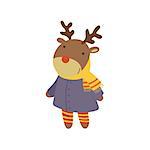 Girl Deer In Blue Warm Coat Adorable Cartoon Character. Stylized Simple Flat Vector Colorful Drawing On White Background.