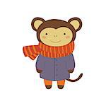 Monley In Blue Warm Coat Adorable Cartoon Character. Stylized Simple Flat Vector Colorful Drawing On White Background.