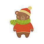 Brown Bear In Red Sweater Adorable Cartoon Character. Stylized Simple Flat Vector Colorful Drawing On White Background.