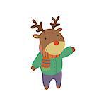 Deer In Green Warm Coat Adorable Cartoon Character. Stylized Simple Flat Vector Colorful Drawing On White Background.