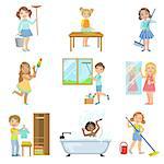 Children Helping With Spring Cleaning Set Of Simple Design Illustrations In Cute Fun Cartoon Style Isolated On White Background