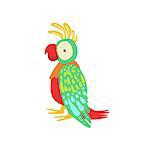 Parrot Stylized Childish Drawing Isolated On White Background. Primitive Cartoon Style Illustration For Children In Flat Vector Design.