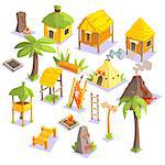 Jungle Tribal Living Houses And Other Objects Cool Colorful Vector Illustration In Stylized Geometric Cartoon Design