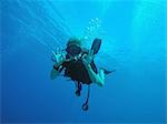 Portrait of confident scuba diver gesturing okay underwater