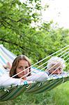 Sweden, Stockholm, Girl (10-11) and boy (8-9) lying on hammock