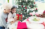 Smiling mother and daughter with Christmas gift